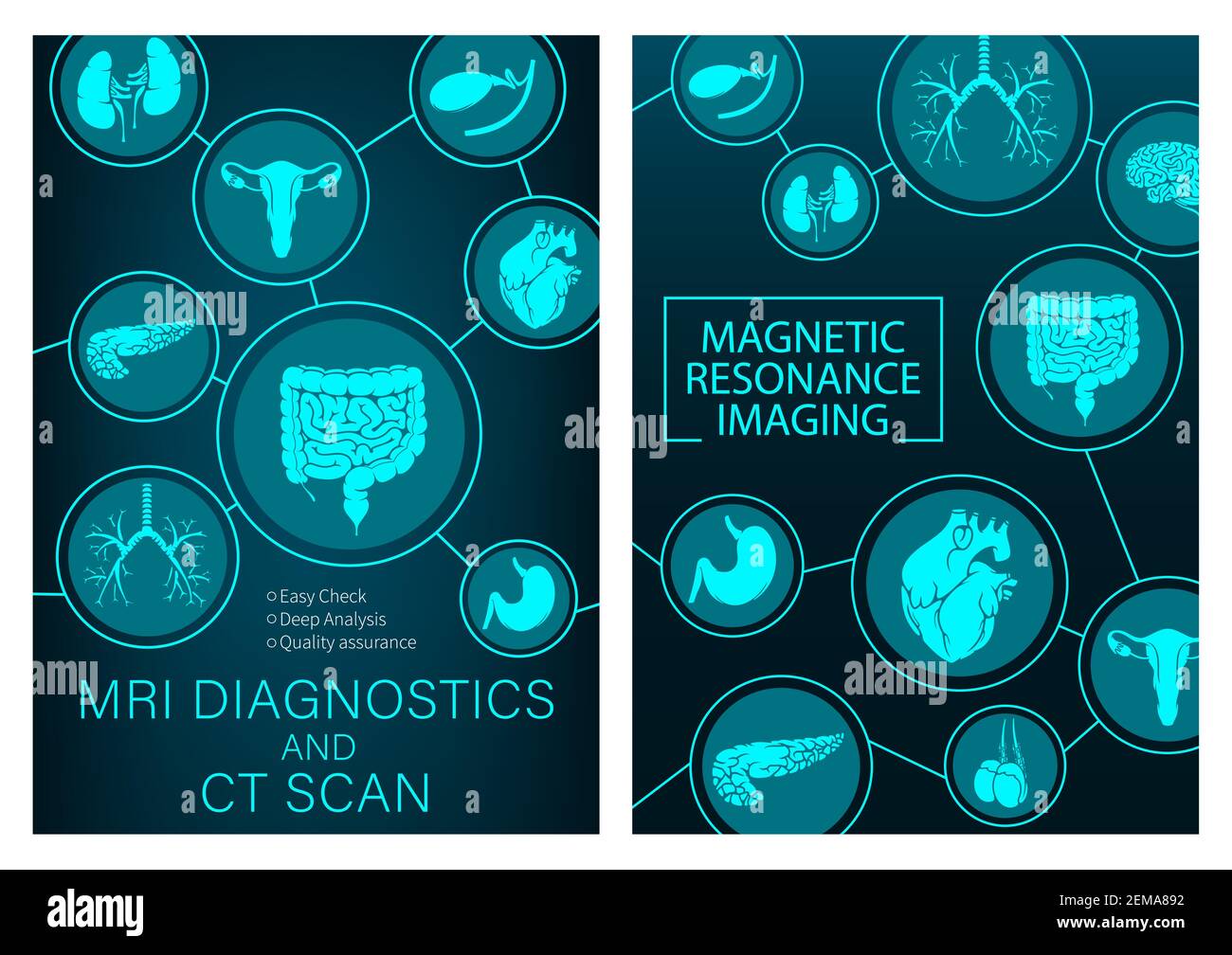 MRI research of organs medicine. Vector magnetic resonance imaging medical diagnostic. Healthcare clinic radiology, MRI analysis, diagnostics of diges Stock Vector