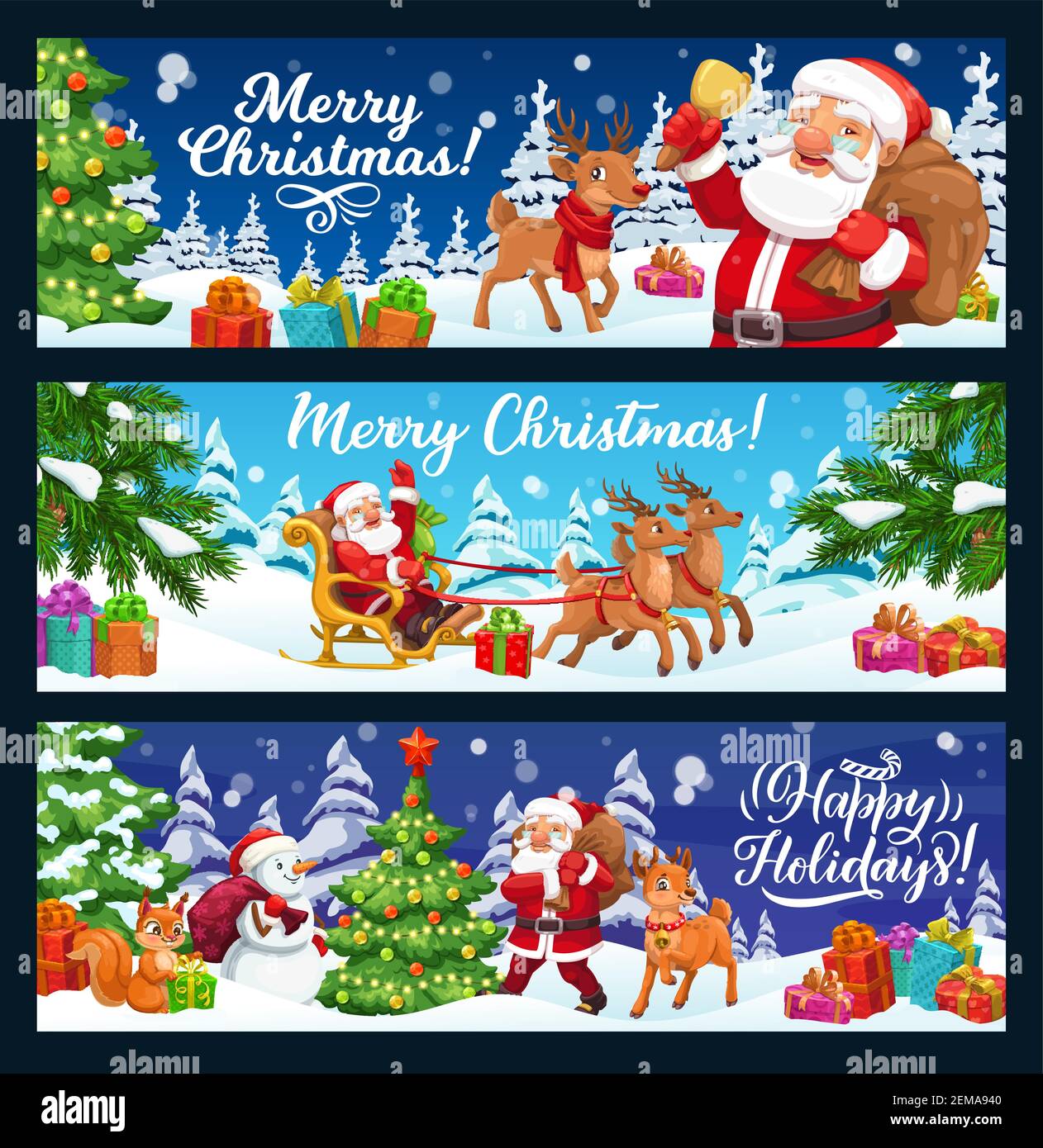 Merry Christmas, winter holidays vector banners with Santa and gifts bag on reindeer sleigh. Christmas greeting calligraphy and cartoon forest animals Stock Vector
