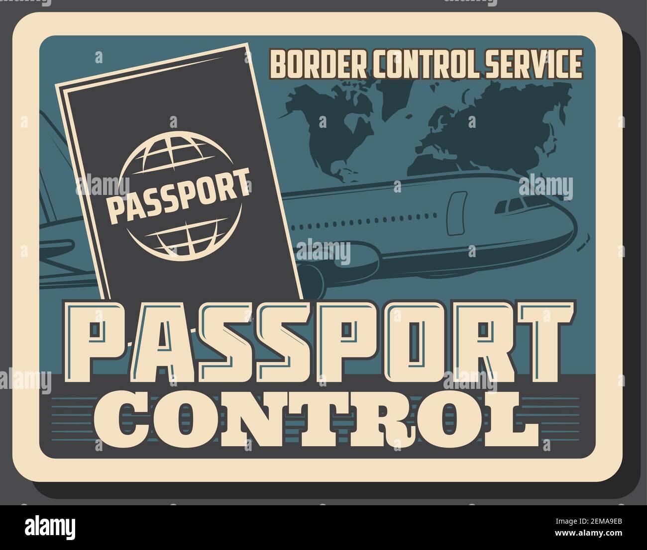 Airport passport and border customs control service, vector vintage retro poster. Air travel and aviation, international airlines, charter flights and Stock Vector