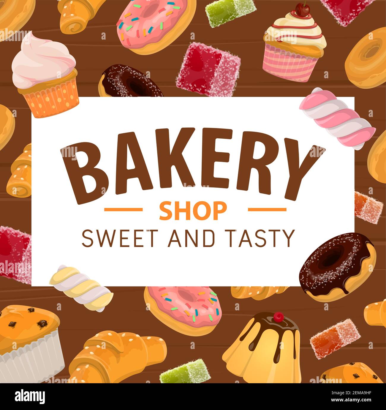 Bakery shop vector poster with pastry cakes and sweet desserts