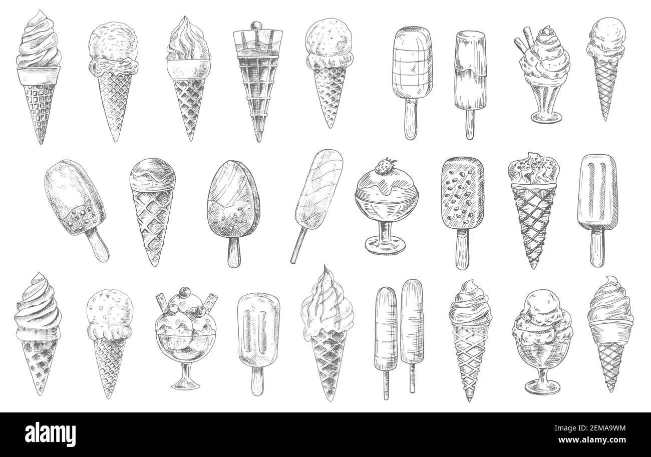 Ice cream cone, sundae dessert and stick vector sketches, hand drawn