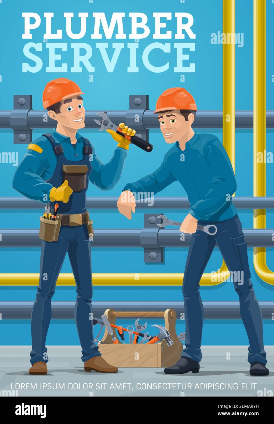 Plumber service, pipes repair and maintenance vector poster. Plumber workers with tools and toolbox repairing leakage of water, heating or gas supply Stock Vector