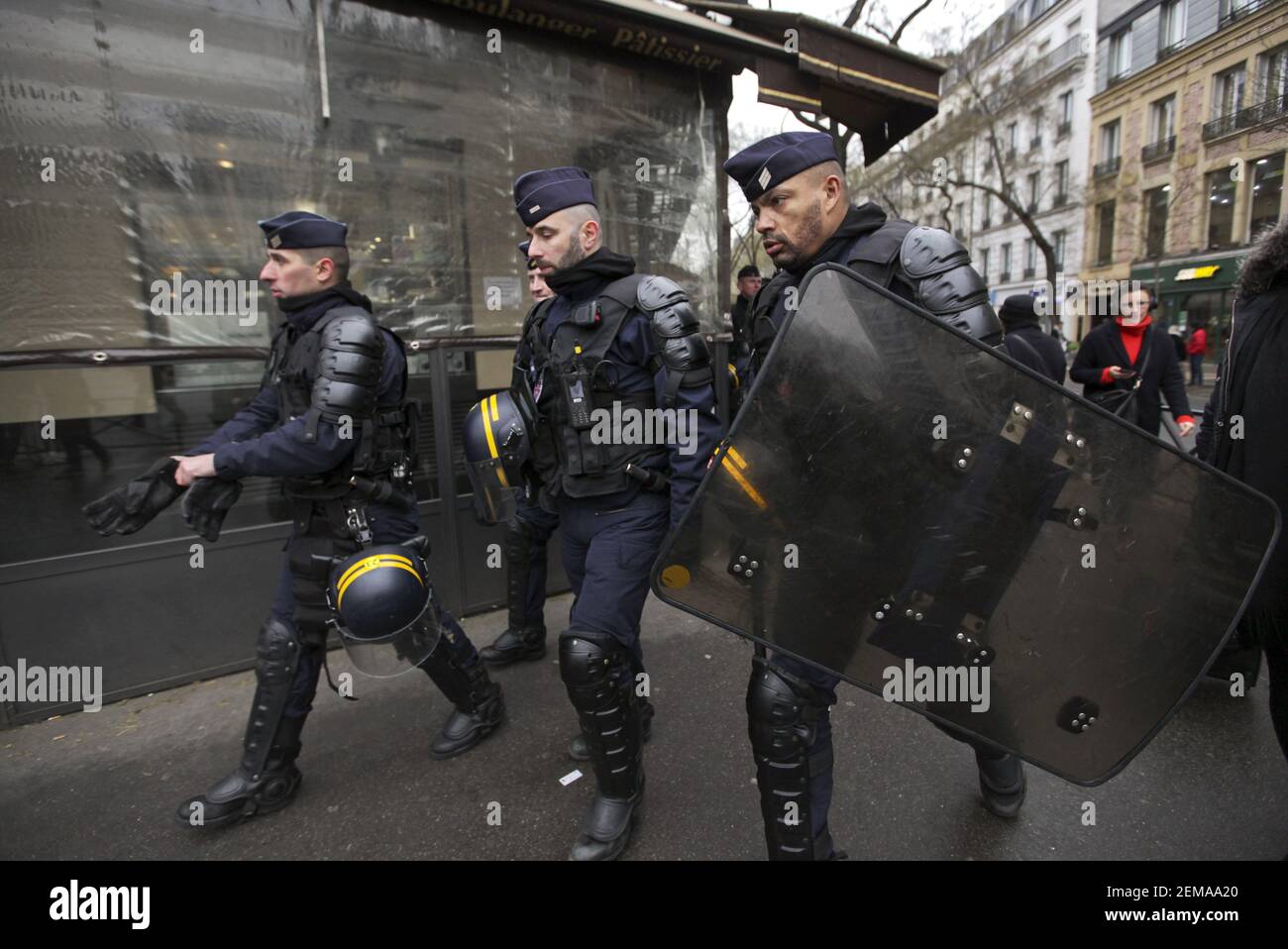 19 January 2019. Paris, France. Gilets Jaunes - Acte X take to the streets of Paris. CRS Riot police deploy along the route. An estimated 7,000 people took part in the looping 14 km route from Place des Invalides to protest tax hikes from the Government of Emmanuel Macron imposed on the people. An estimated 80,000 people took part in protests across the country. Regrettably the movement has attracted a violent element of agitators who often face off with riot police at the end of the marches which tends to deflect attention away from the message of the vast majority of peaceful protesters. (P Stock Photo