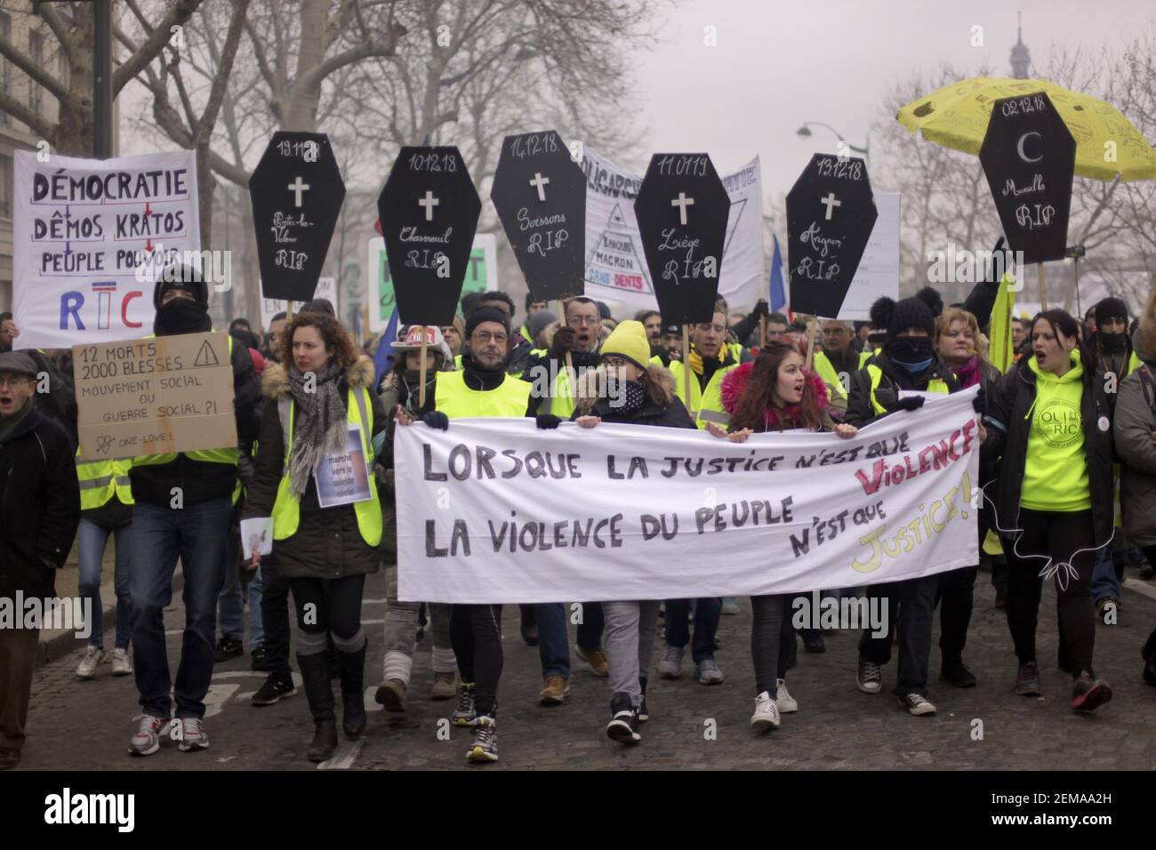 19 January 2019. Paris, France. Gilets Jaunes - Acte X take to the streets  of Paris. An estimated 7,000 people took part in the looping 14 km route  from Place des Invalides