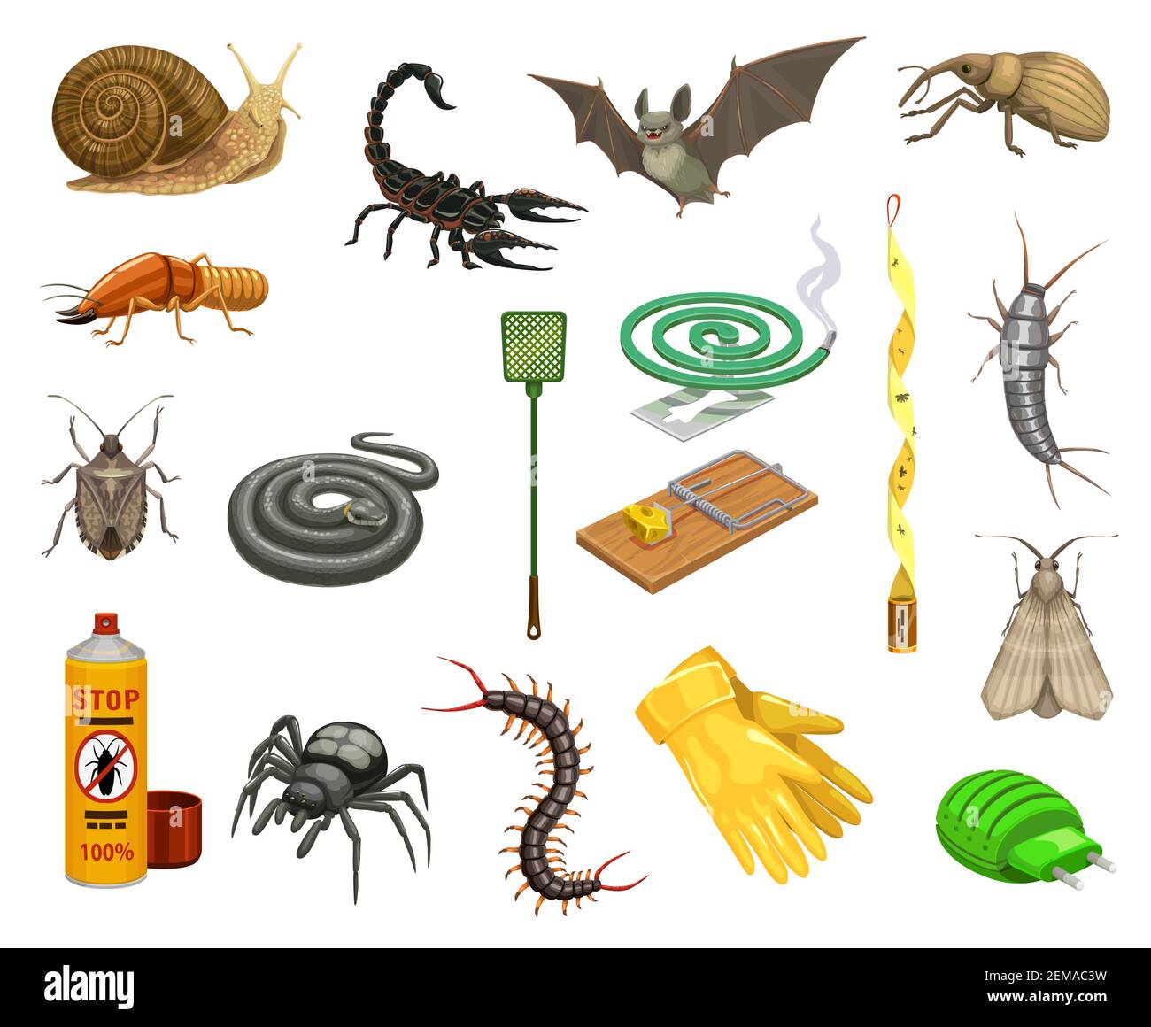 Pest insects, bugs and animals cartoon set of pest control vector design. Insecticide spray, spider, snake and tick, termite, snail, mouse trap and ba Stock Vector Image & Art - Alamy Pest insects, bugs and animals cartoon set of pest control vector design. Insecticide spray, spider, snake and tick, termite, snail, mouse trap and ba Stock Vector Image & Art - Alamy