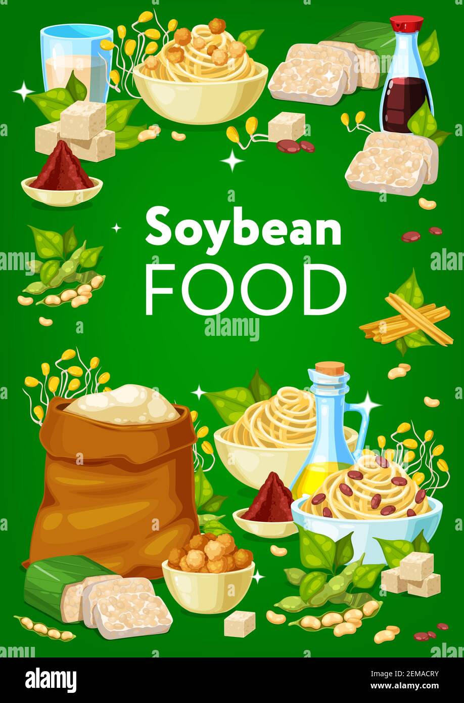 Soy bean food products of soybean processing. Vector soya milk, oil