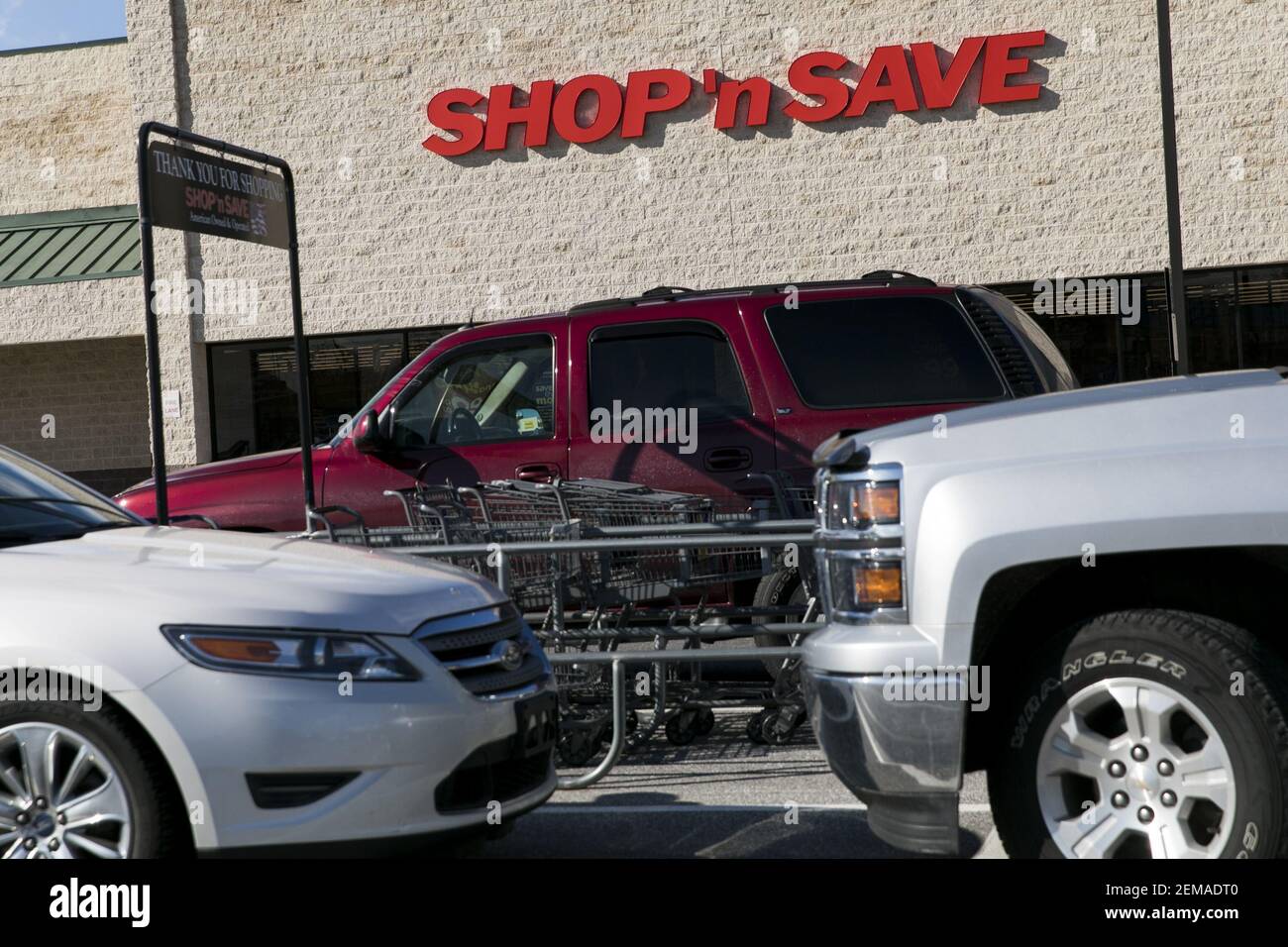 A logo sign outside of a SHOP 'n SAVE retail grocery store location in