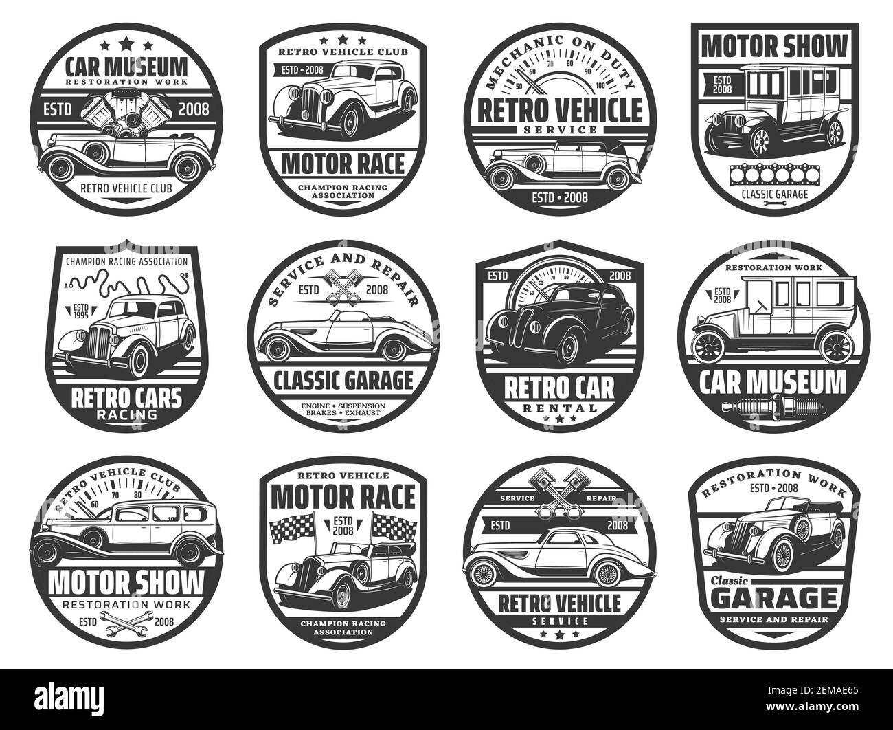 Motor show, retro cars museum, rally speed races club vector icons. Classic automobiles repair center and automotive restoration garage, rarity transp Stock Vector