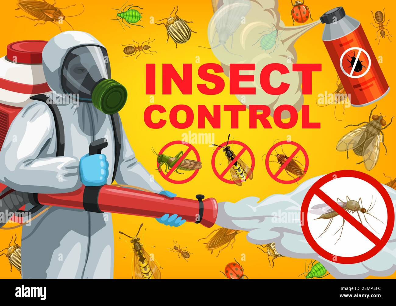 Pest control service cartoon vector of exterminator, insects and bugs. Pesticide spray or desinfection insecticide, cockroach, mosquito, termite, ant Stock Vector