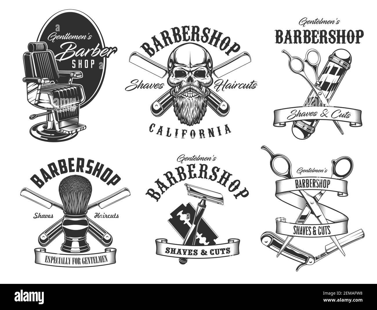 Barbershop, shaves and haircut salon icons. Vector barbershop pole, hipster skull with beard and mustaches, straight razor, hairdresser chair, scissor Stock Vector
