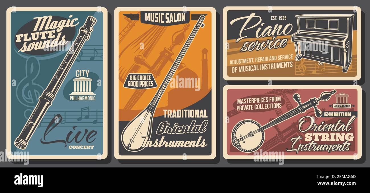 Music instruments, musical store or shop vector retro posters. Piano
