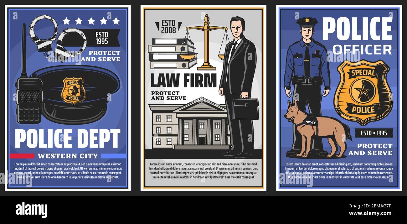 Police department and lawyer legal service firm, vector vintage retro