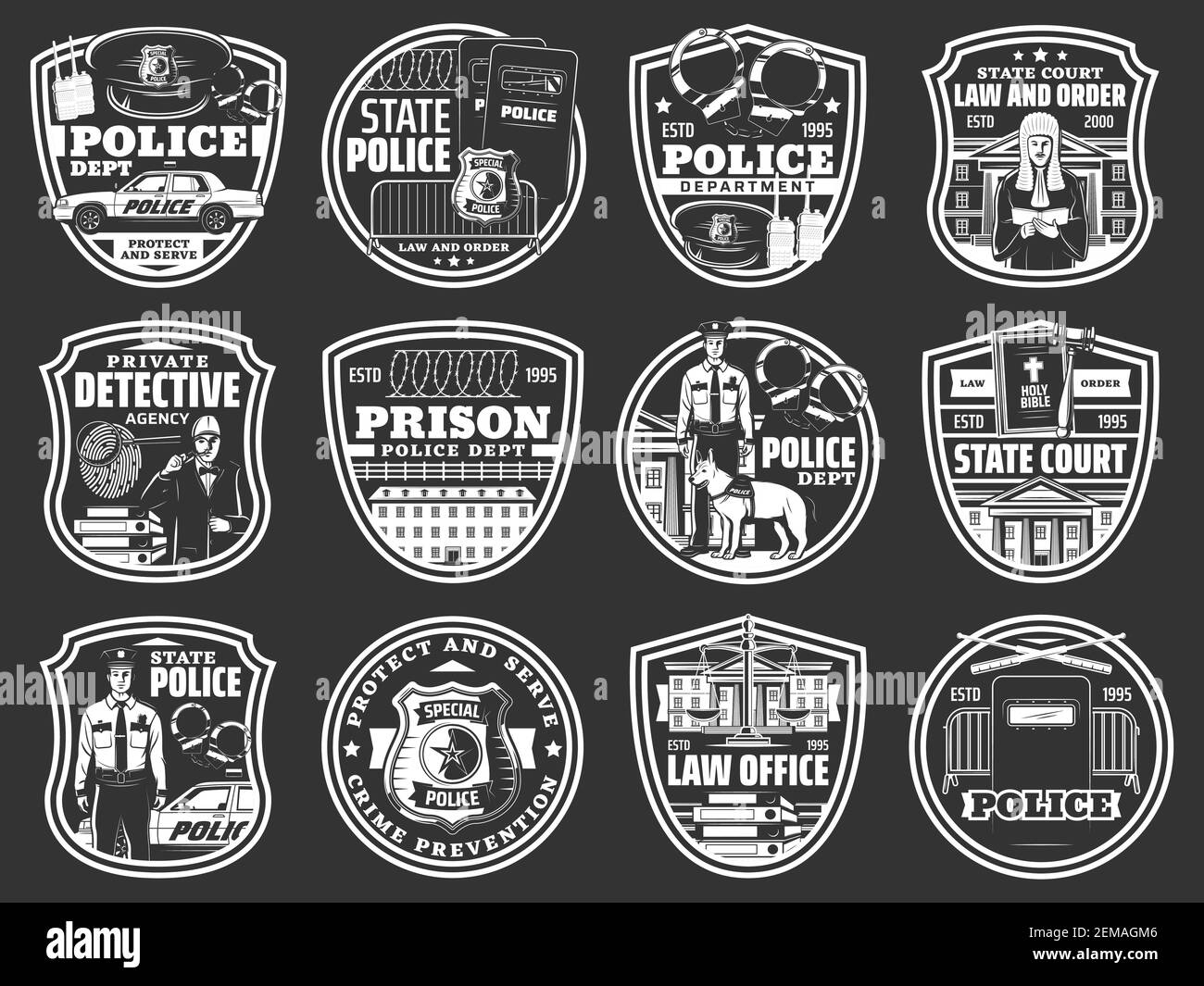 Law and order icons of vector police, law office, detective, prison and court design. Police officer, jail and court, judge gavel, sheriff badge, poli Stock Vector