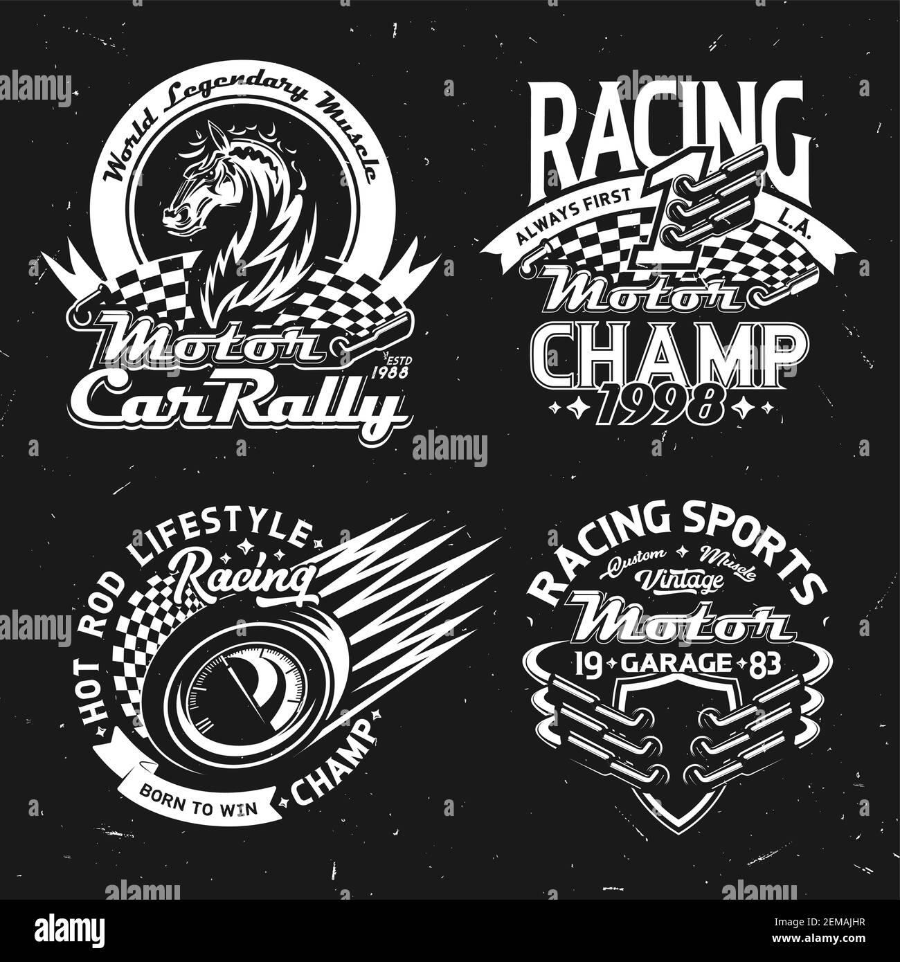 Car rally, racing and motorsport championship vector icons and tshirt prints. Muscle cars race