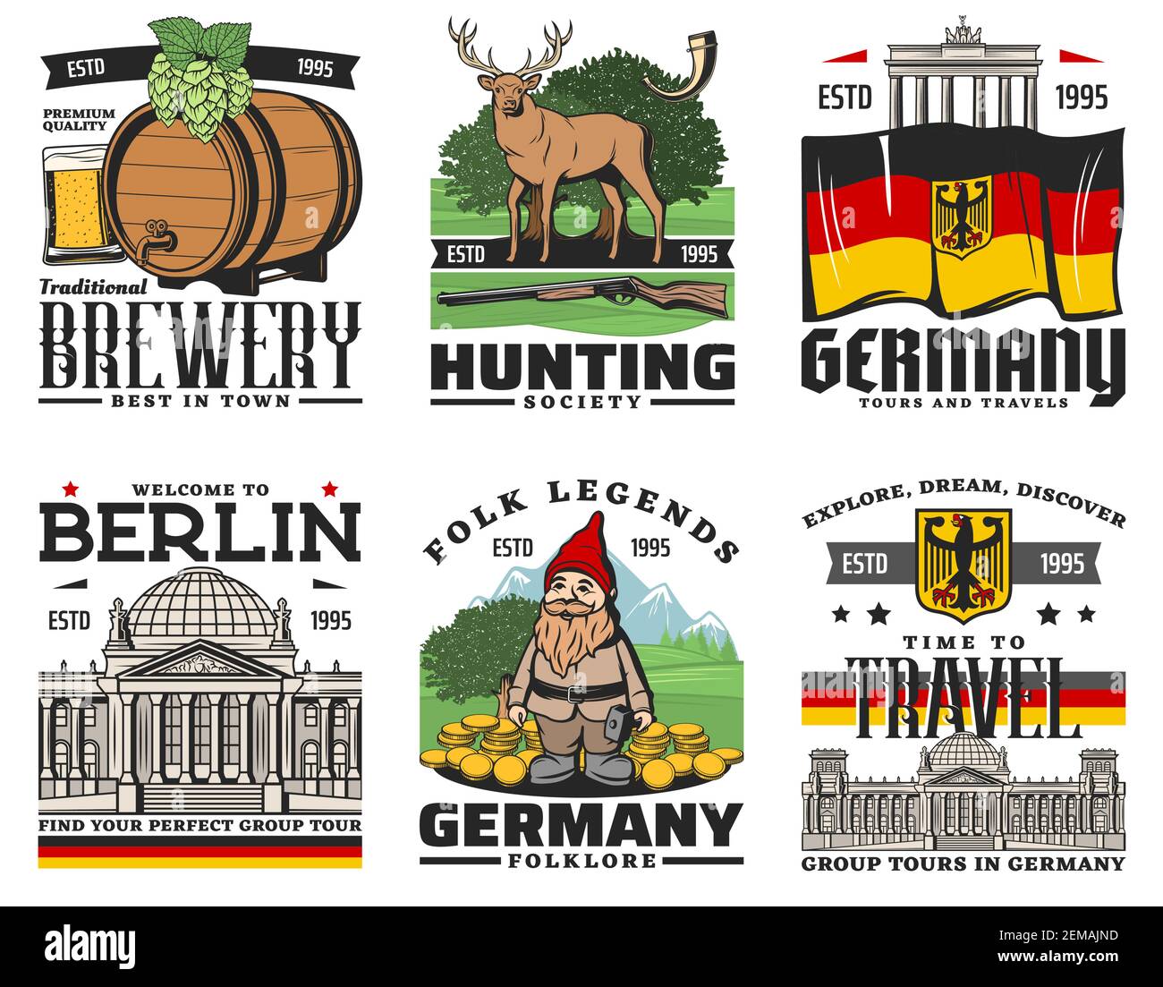 Germany travel vector icons, Berlin sightseeing city tours and Munich