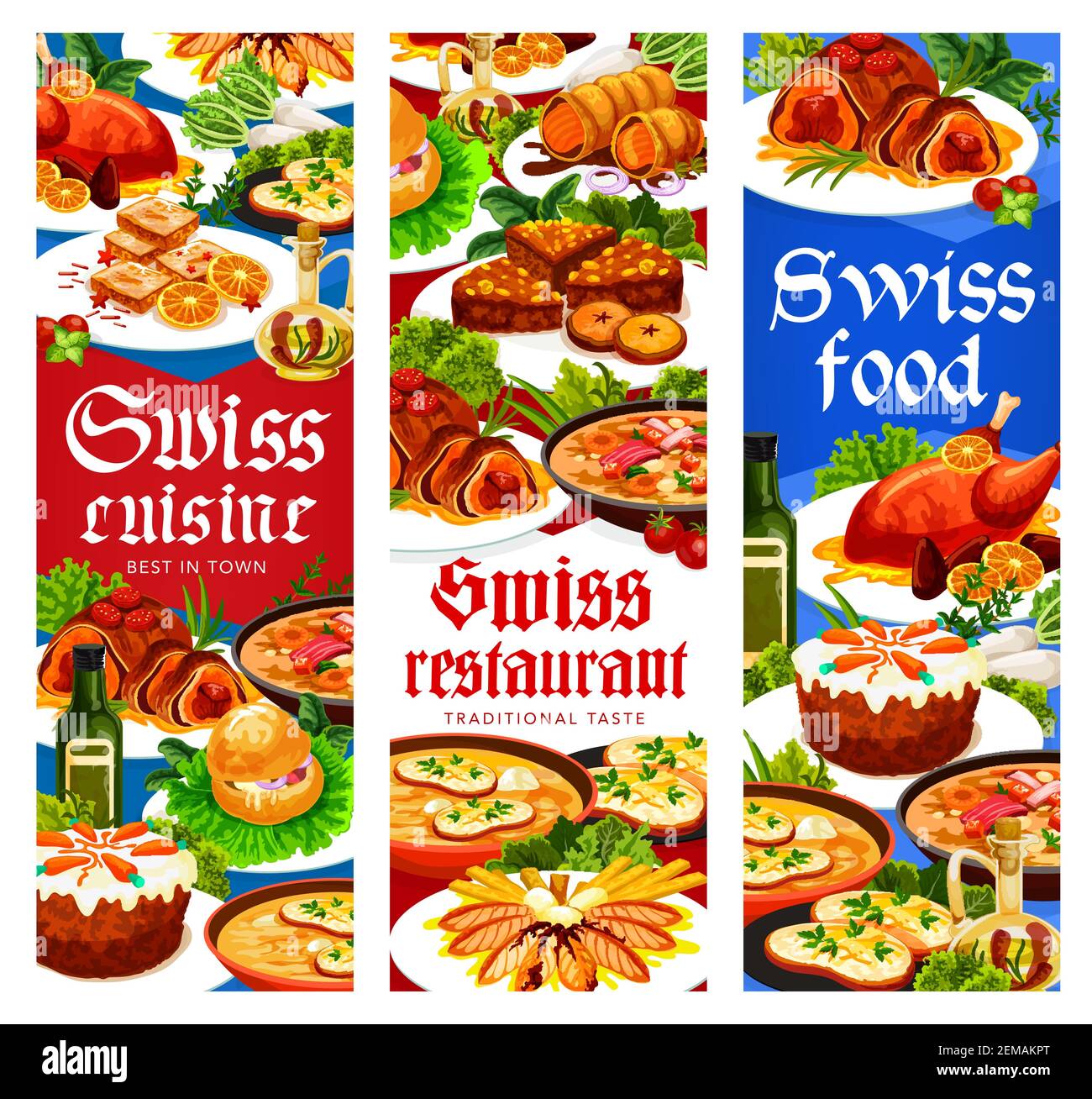 Swiss food cuisine restaurant menu vector banners. Gingerbread leckerli, chicken in dough, duck with orange, bread and carrot cakes. Swiss pearl barle Stock Vector