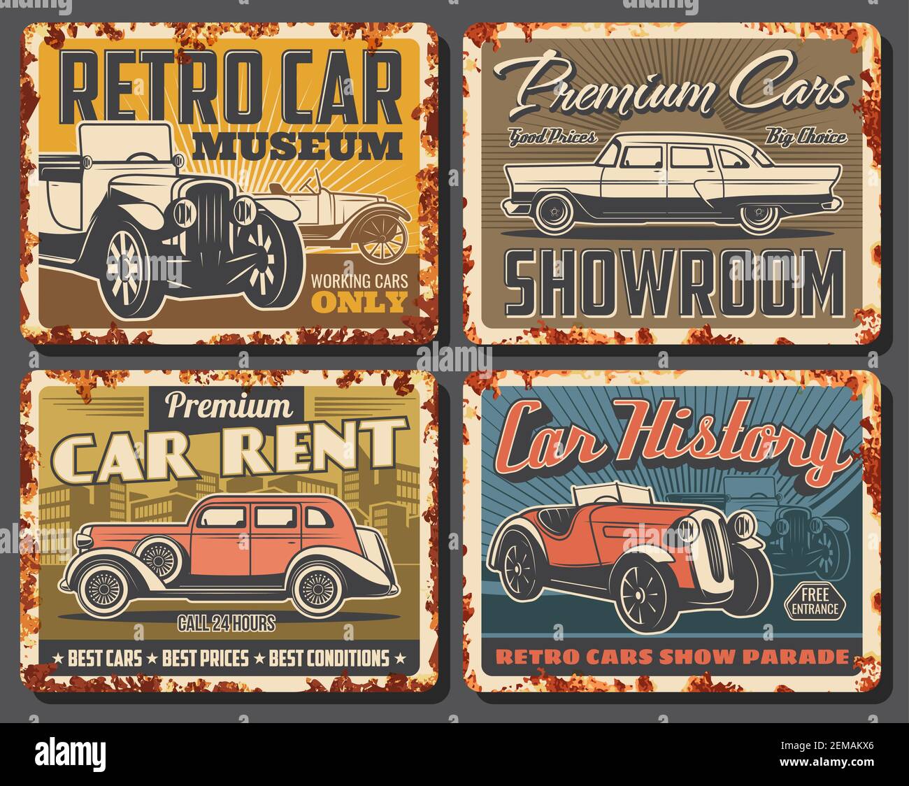 Retro cars and vintage vehicles, vector rusty signs and metal plates