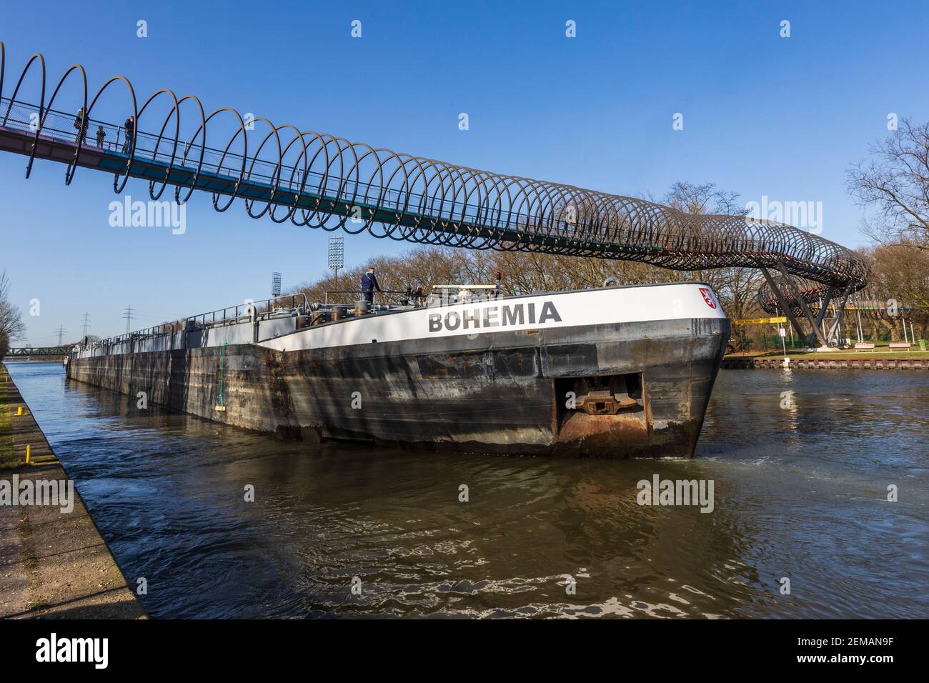 Slinky Springs to Fame Bridge across the Rhine-Herne Canal in Oberhausen, Germany. Part of Emscherkunst by Tobias Rehberger. Stock Photo