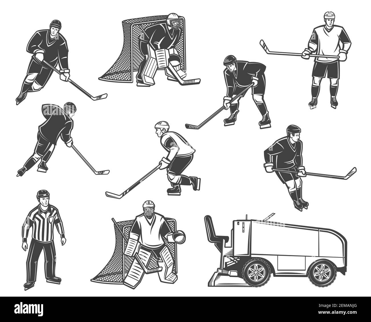 Ice hockey sport vector objects. Players and referee with pucks, sticks and skates, goalies, gates and uniform helmets, mask, goaltender gloves, leg a Stock Vector