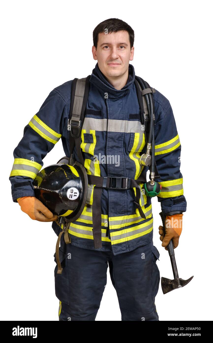 Smiling young man in firefighter uniform Stock Photo Alamy