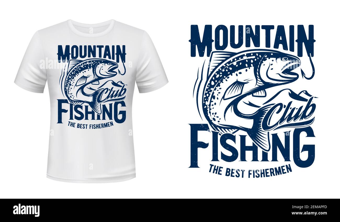 Salmon Or Trout Fish Print T Shirt Mockup Fishing Sport Club Vector Fisher Sport Club Big Fish Catch Salmon On Hook In Ocean Wave Mountain River O Stock Vector Image Art
