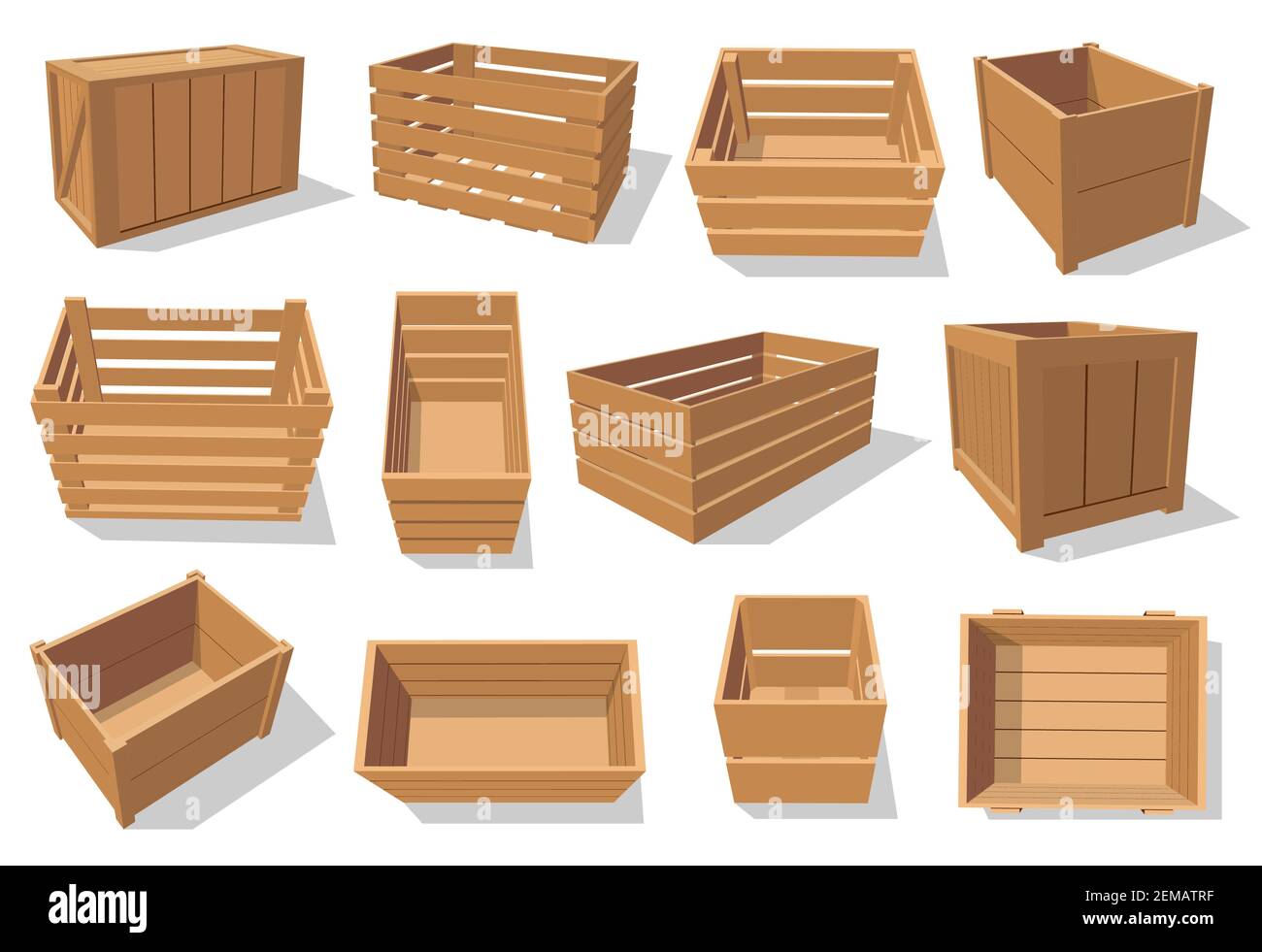 Wooden crates and boxes, cargo shipping containers vector isolated objects. Open pallets, empty wood baskets and packages, warehouse storage, delivery Stock Vector