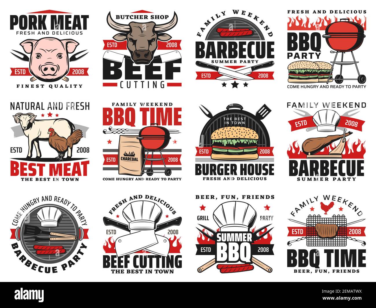 Barbecue grill party and butchery meat vector icons. Burger house