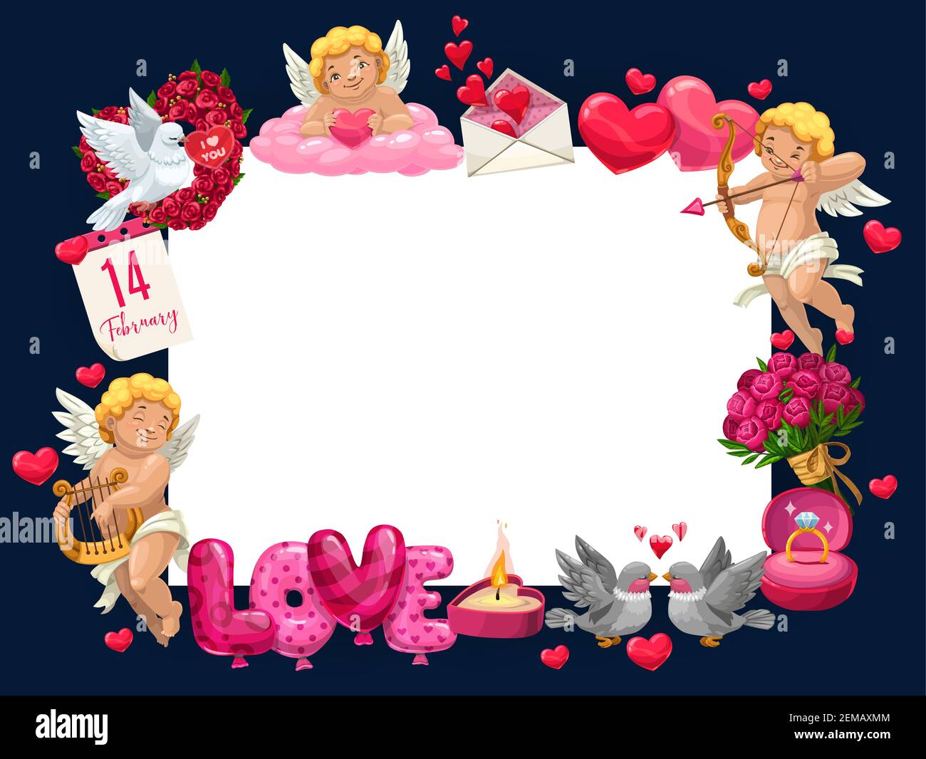 Valentines day wish and greeting vector frame of hearts, cupid angles and roses  flowers. Valentines holiday love balloons, wedding ring and envelope l  Stock Vector Image & Art - Alamy