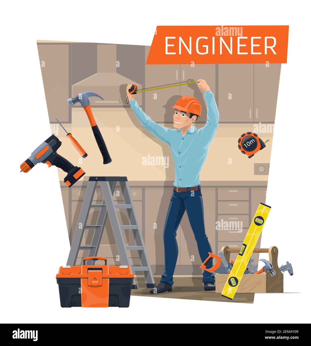 Engineer profession of construction industry vector design. Cartoon  character of foreman or contractor with work tools and toolbox, tape  measure, hamm Stock Vector Image & Art - Alamy