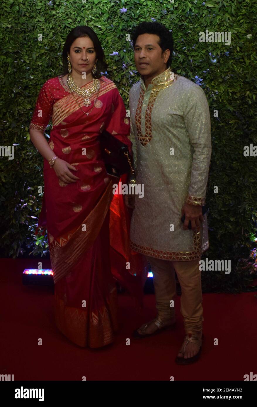 MUMBAI, INDIA - JANUARY 27: Former Cricketer Sachin Tendulkar along with  his wife Anjali Tendulkar during the MNS chief Raj Thackeray son Amit  Thackeray's wedding St Regis, Worli on January 27, 2019, image size:877x1390