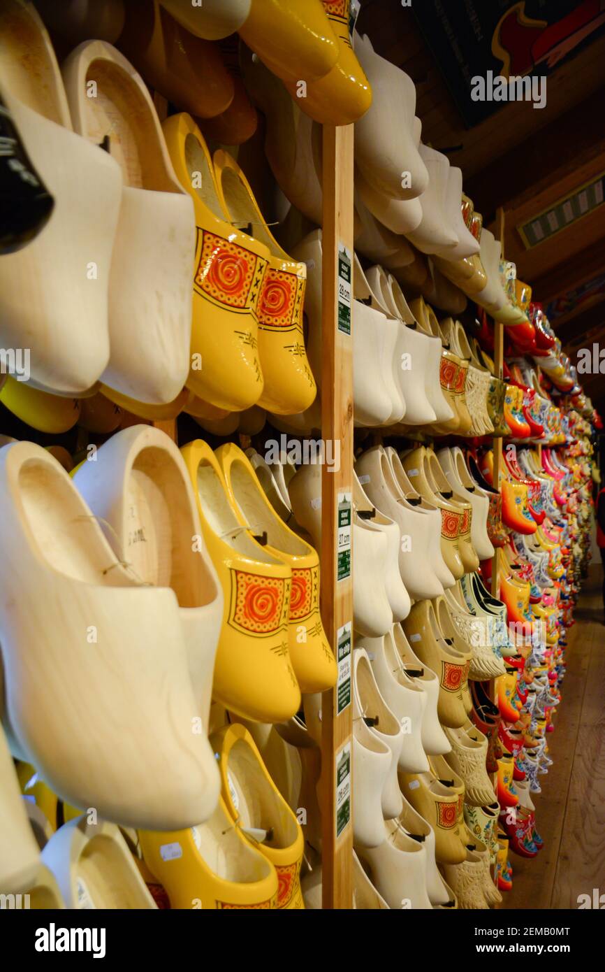 Display of colorful and traditional Dutch wooden shoes, known as Clogs