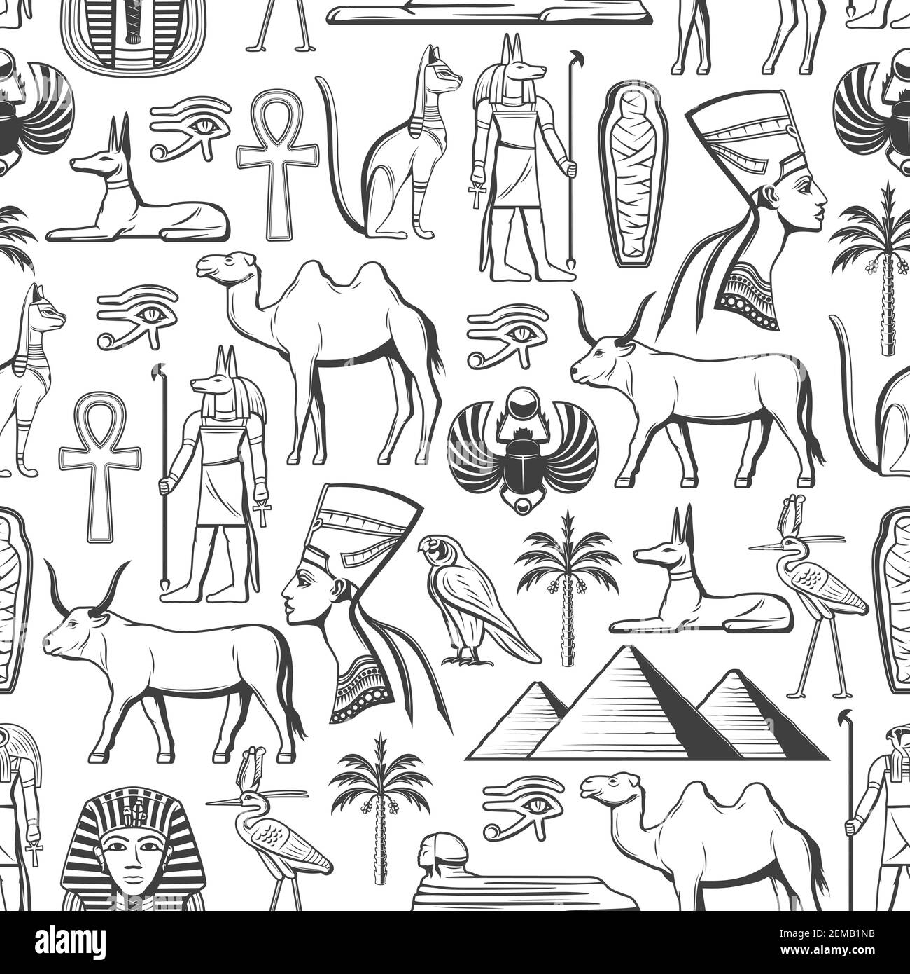 Ancient Egypt monochrome seamless pattern. Vector Egyptian culture, travel, history and religion signs, gods and deities. Nefertiti and Ra, mummy and Stock Vector