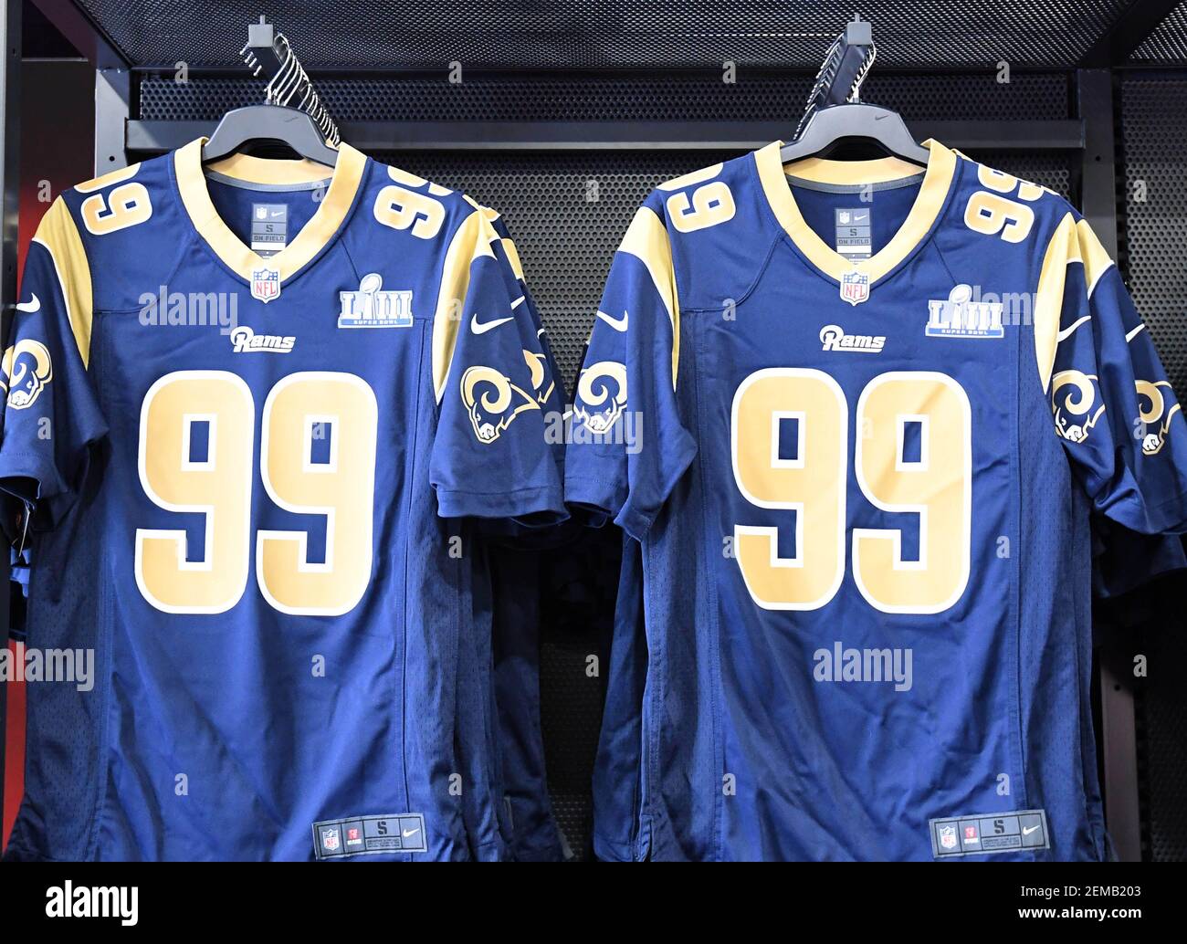 Jan 28, 2019; Atlanta, GA, USA: General overall view of Nike jerseys of Los  Angeles Rams defensive end Aaraon Donald (99) on display at the NFL Shop at  the Super Bowl LIII