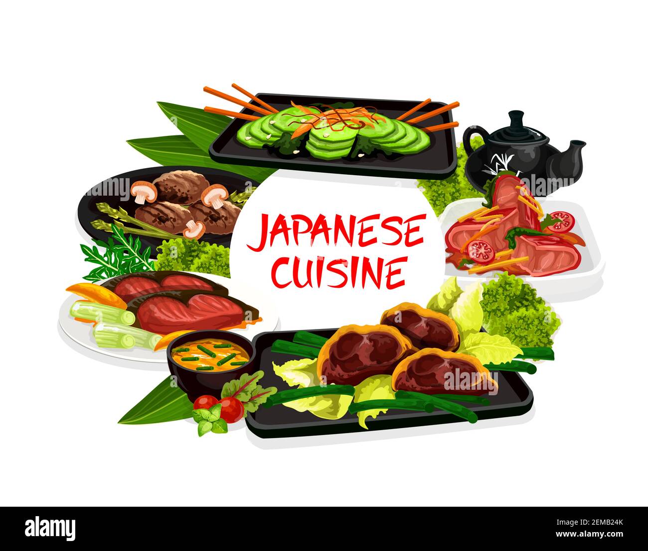 Japanese cuisine traditional food, Japan meal menu, vector seafood and