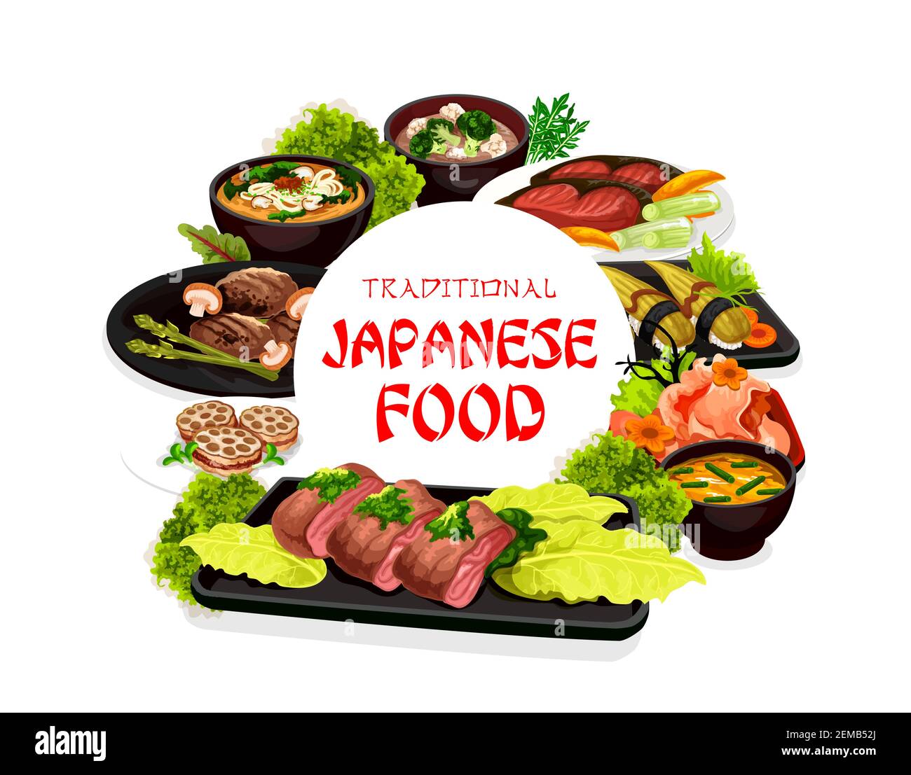 Japanese traditional cuisine sushi, seafood and noodles, fried pacific