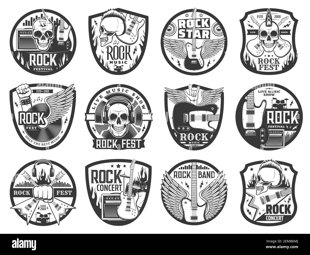 Rock music vector icons with guitars, heavy metal horns, drums and