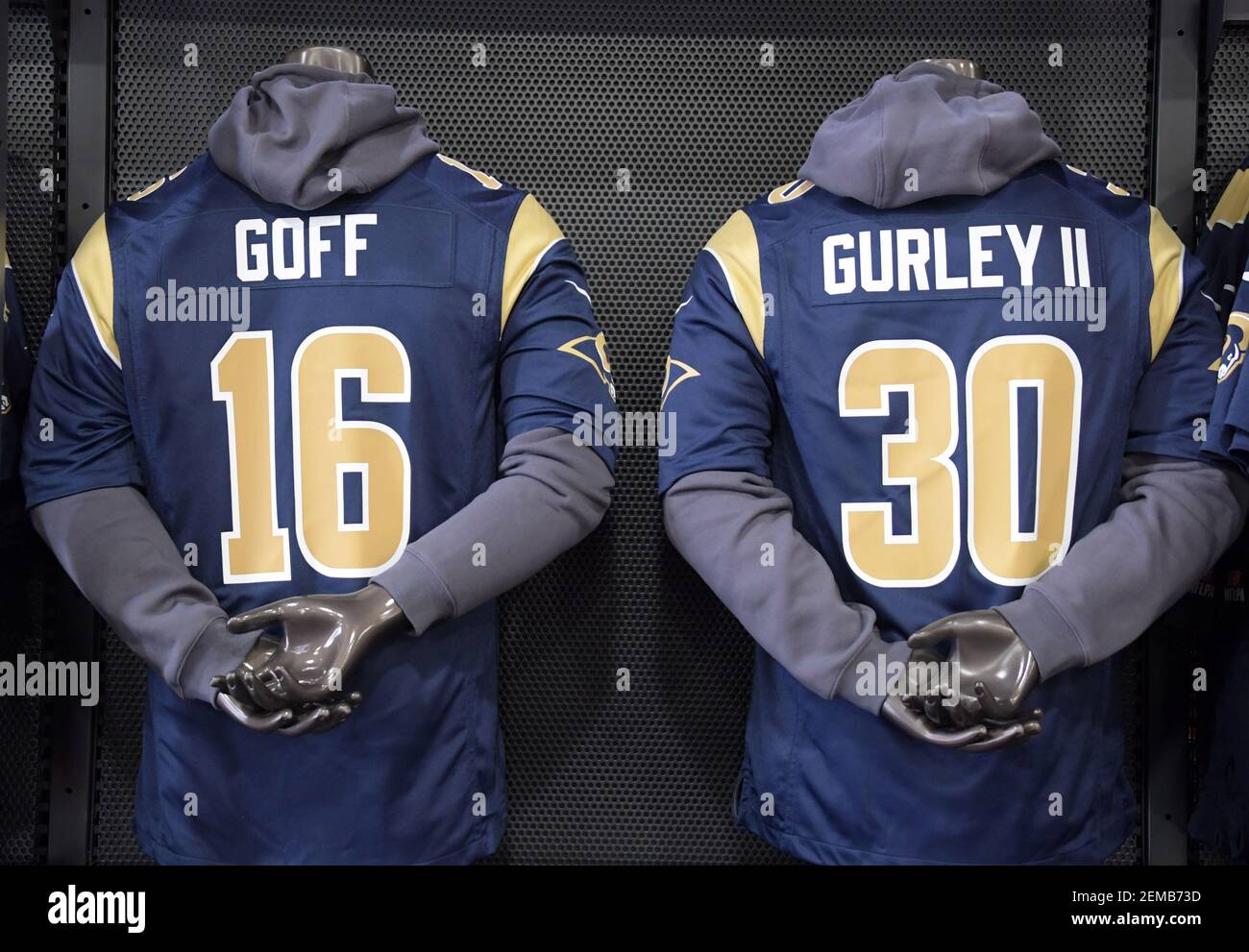 Jan 29, 2019; Atlanta, GA, USA; Nike jerseys of Los Angeles Rams  quarterback Jared Goff (not pictured) and running back Todd Gurley (not  pictured) on display at the NFL Shop at the