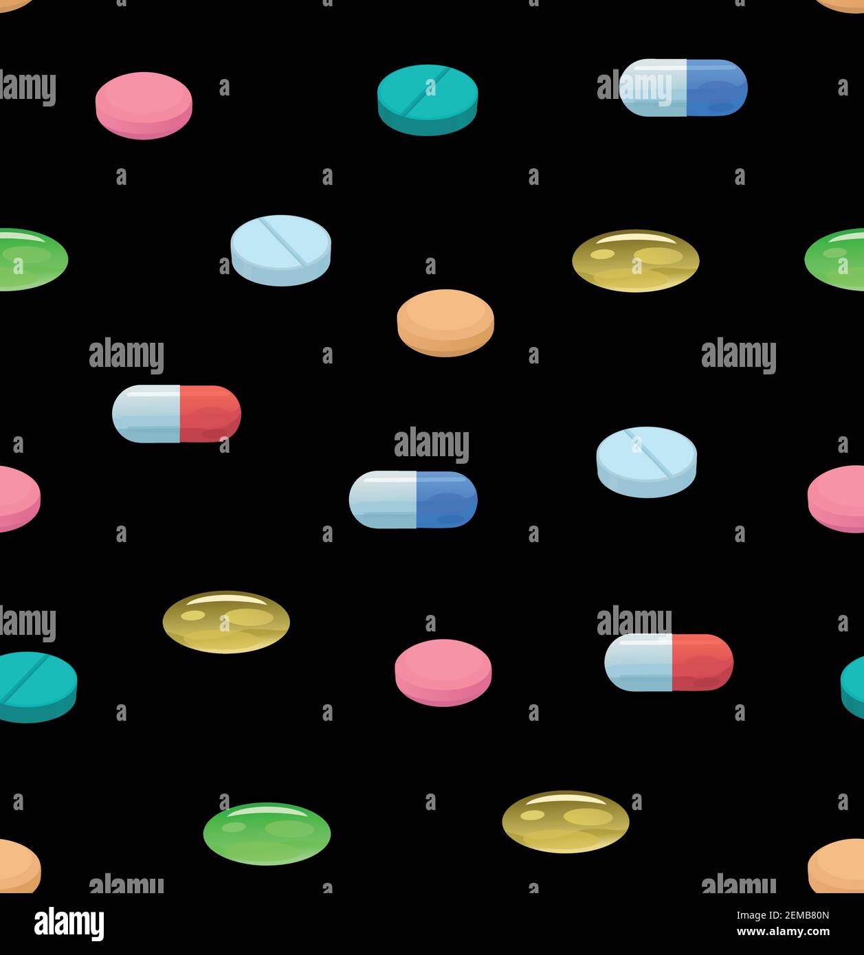 Seamless pattern with colorful bright pills and capsules. Stock Vector