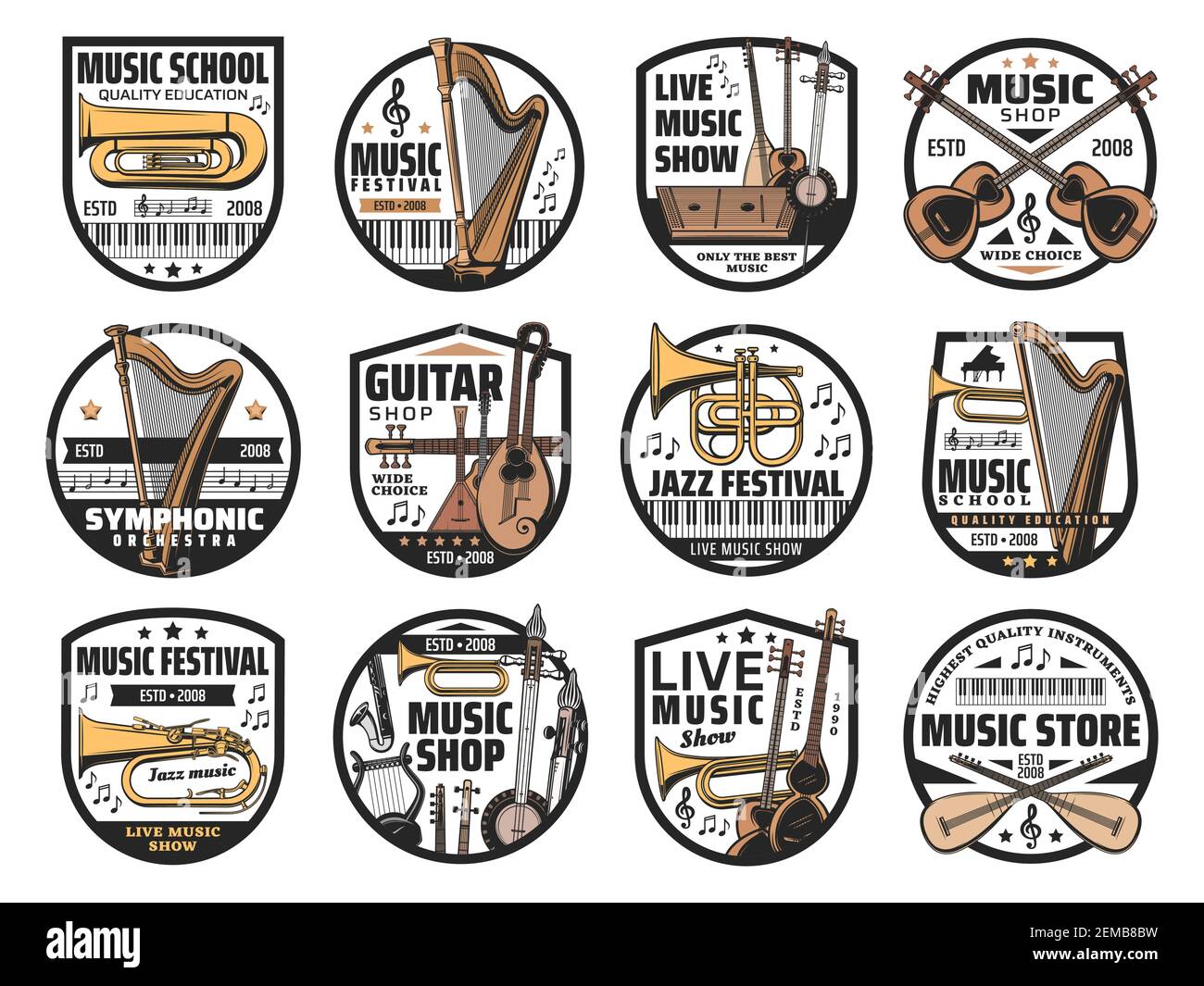 Musical instruments and notes, music vector icons. Isolated badges with