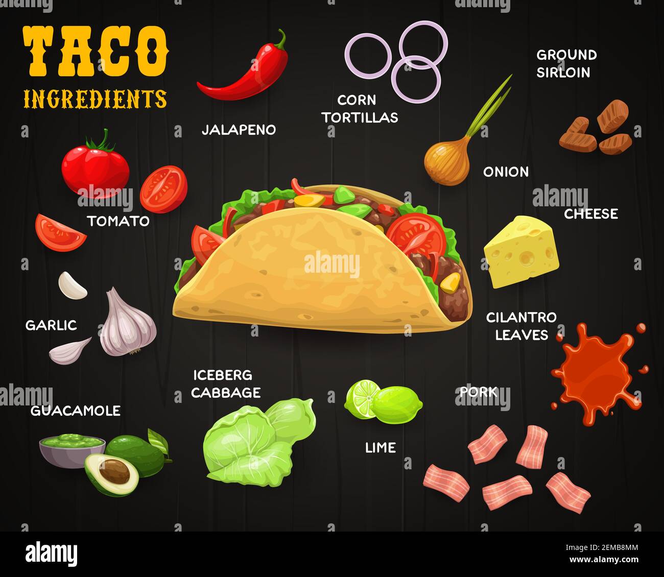 Taco, vector Mexican fast food with ingredients. Corn tortilla with