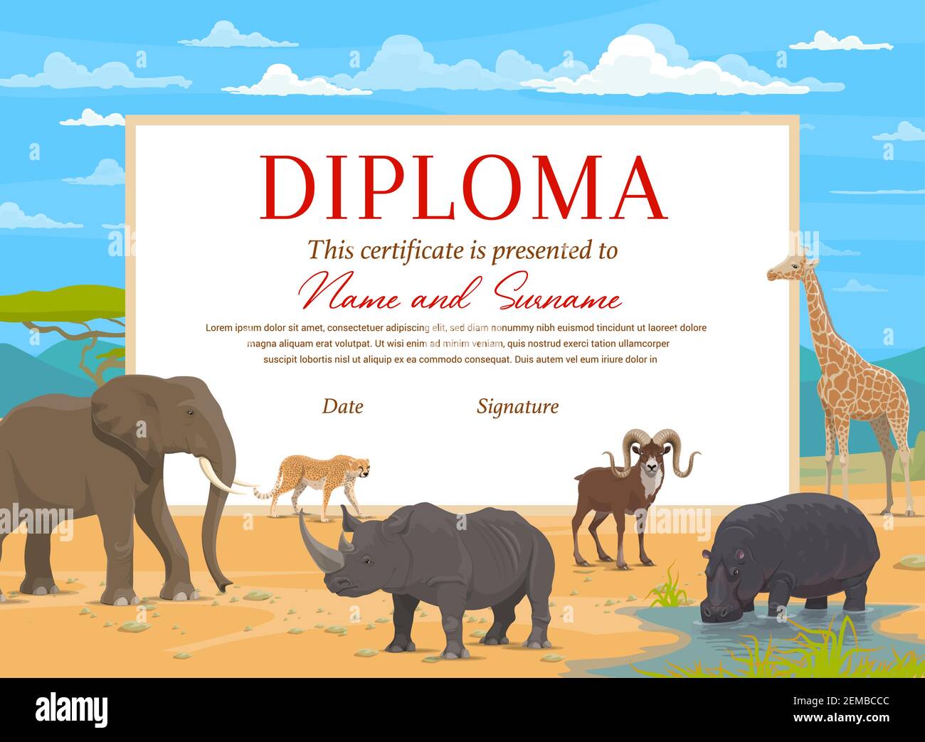 Kids diploma certificate vector template with african safari animals.  Education award of school, preschool or kindergarten graduation,  achievement cer Stock Vector Image & Art - Alamy