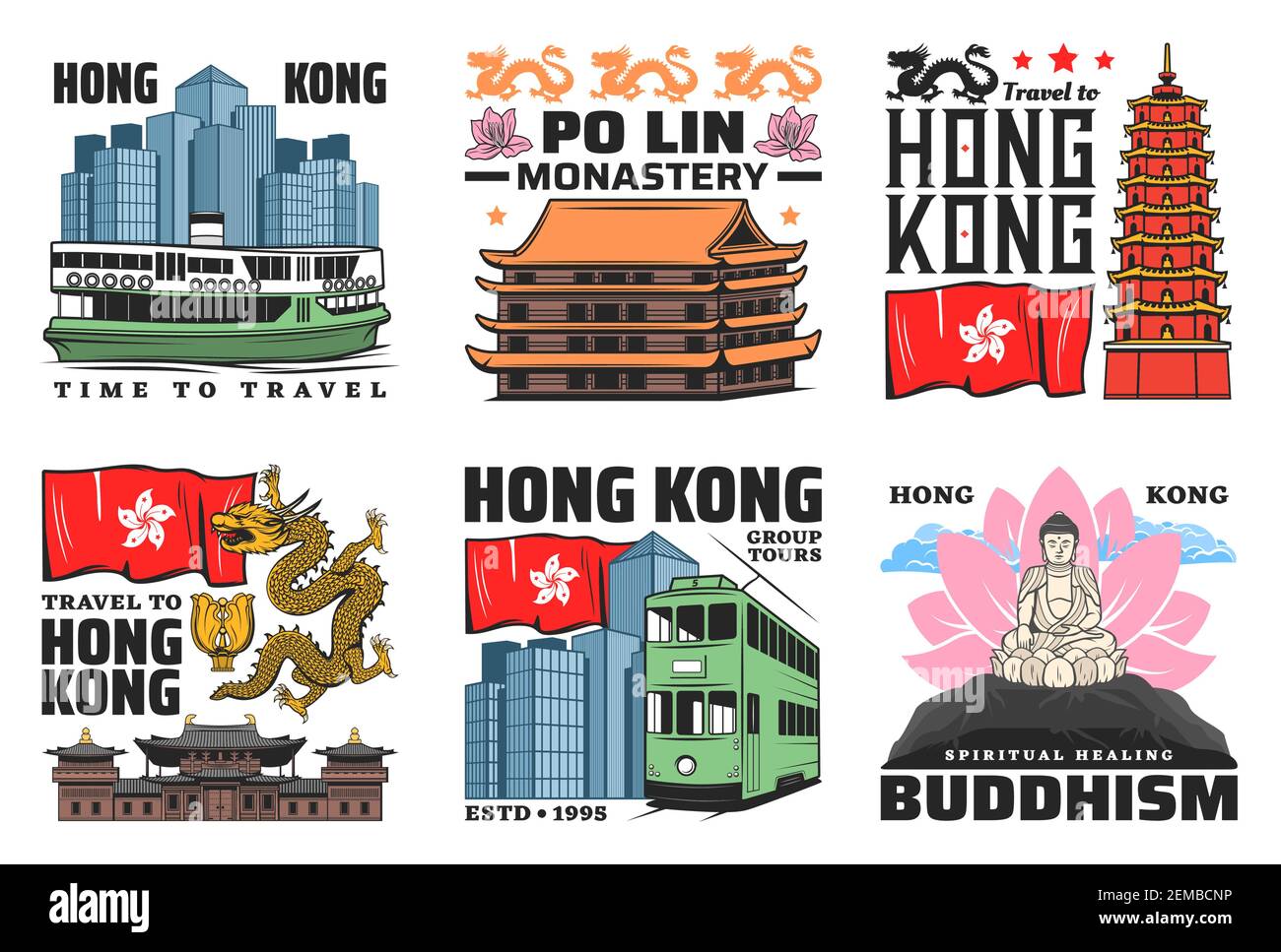 Hong Kong travel landmark buildings vector icons. Tian Tan Buddha, Thousand Buddhas temple tower and Po Lin monastery pagoda, Chi Lin nunnery and doub Stock Vector