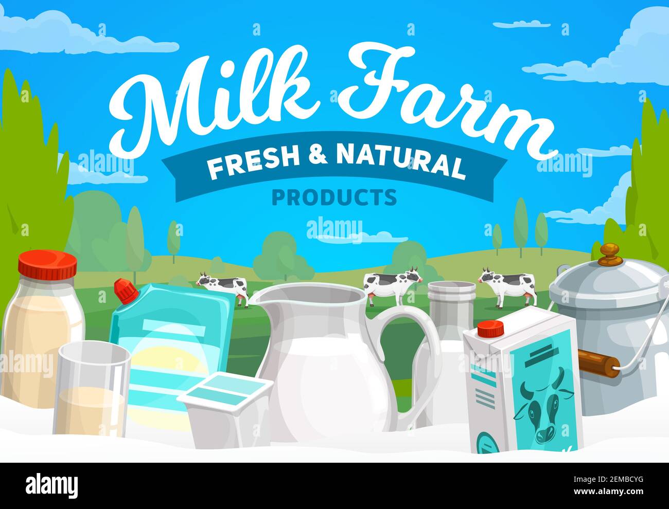 Milk farm, dairy products vector banner. Condensed and baked milk in ...