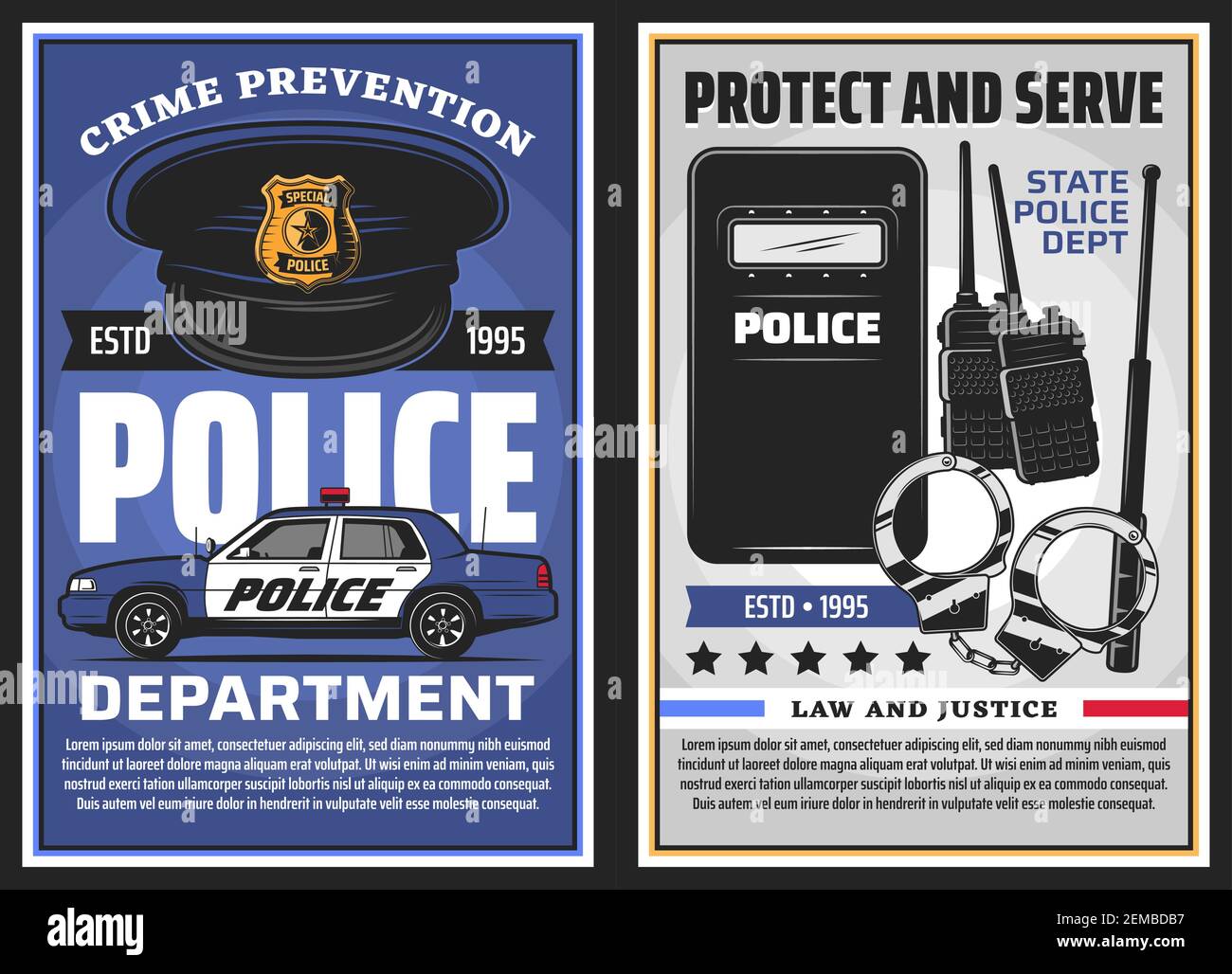 Police department serve and policing, law and justice vector design. Police officer uniform cap with badge, patrol car and handcuffs, baton, radio sca Stock Vector