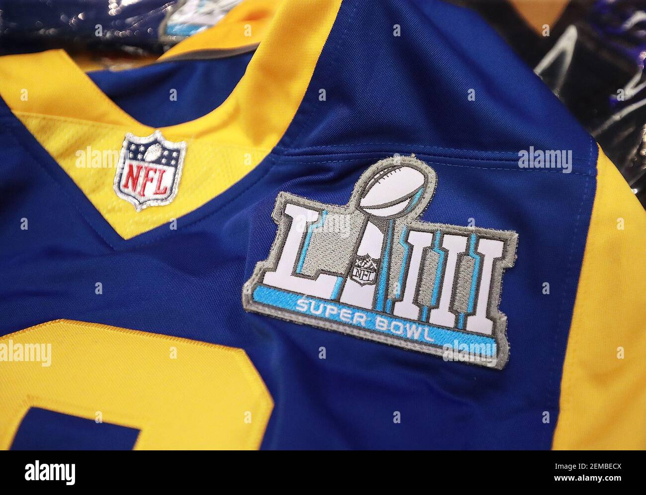 A fake NFL Rams jersey sits on a table as the National Football League and  law enforcement agencies announce the latest results of seizures of  counterfeit game-related merchandise and tickets during a