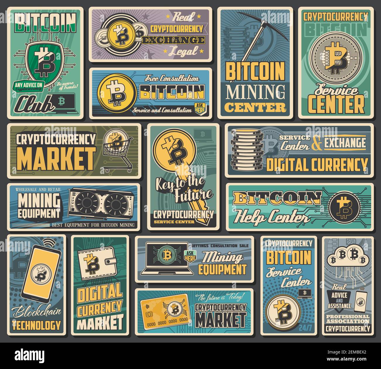 Bitcoin cryptocurrency retro banners of vector digital money exchange,  blockchain transaction and crypto currency mining. Network financial  technologi Stock Vector Image & Art - Alamy