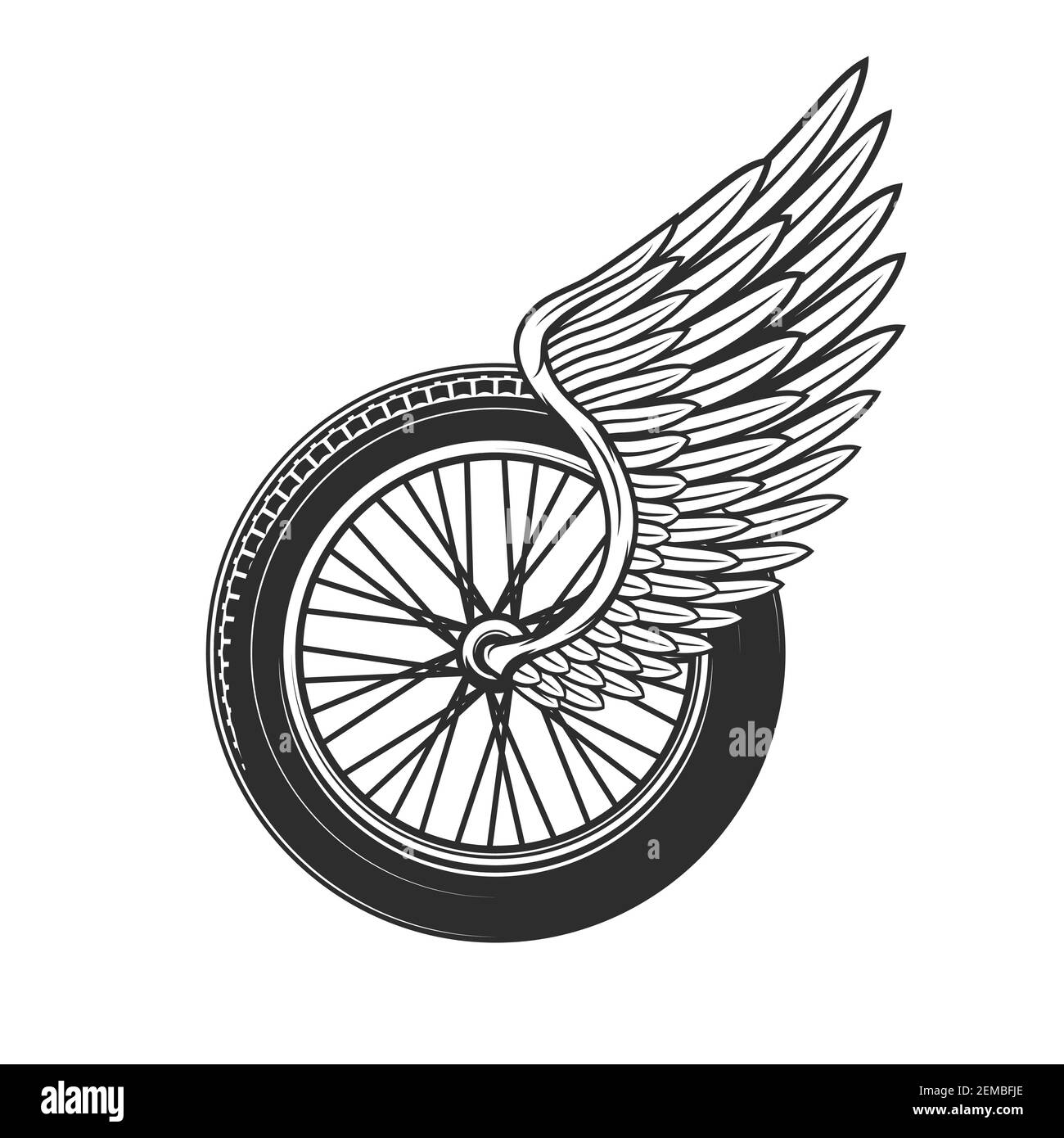 Wheel with wing, racing symbol or tattoo, speedway racing club, car and motorcycle rally races icon. Sport car championship and bike racing speedway c Stock Vector