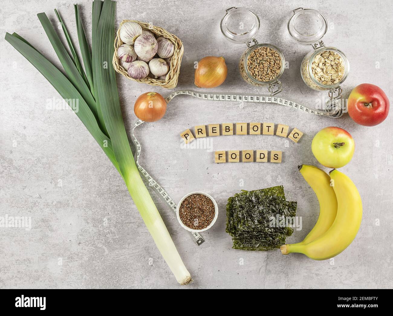 Prebiotic foods are types of dietary fiber that feed the friendly bacteria in your gut Stock