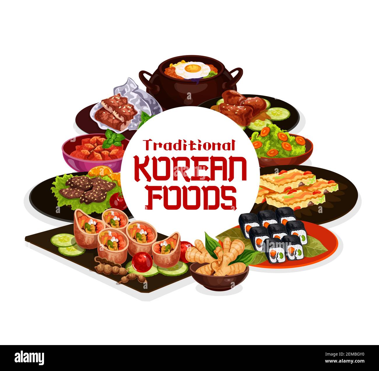 Korean cuisine food, traditional asian restaurant menu dishes. Vector pork ribs in soy sauce and korean bibimpab pot, BBQ beef bulgogi, fried shrimp w Stock Vector