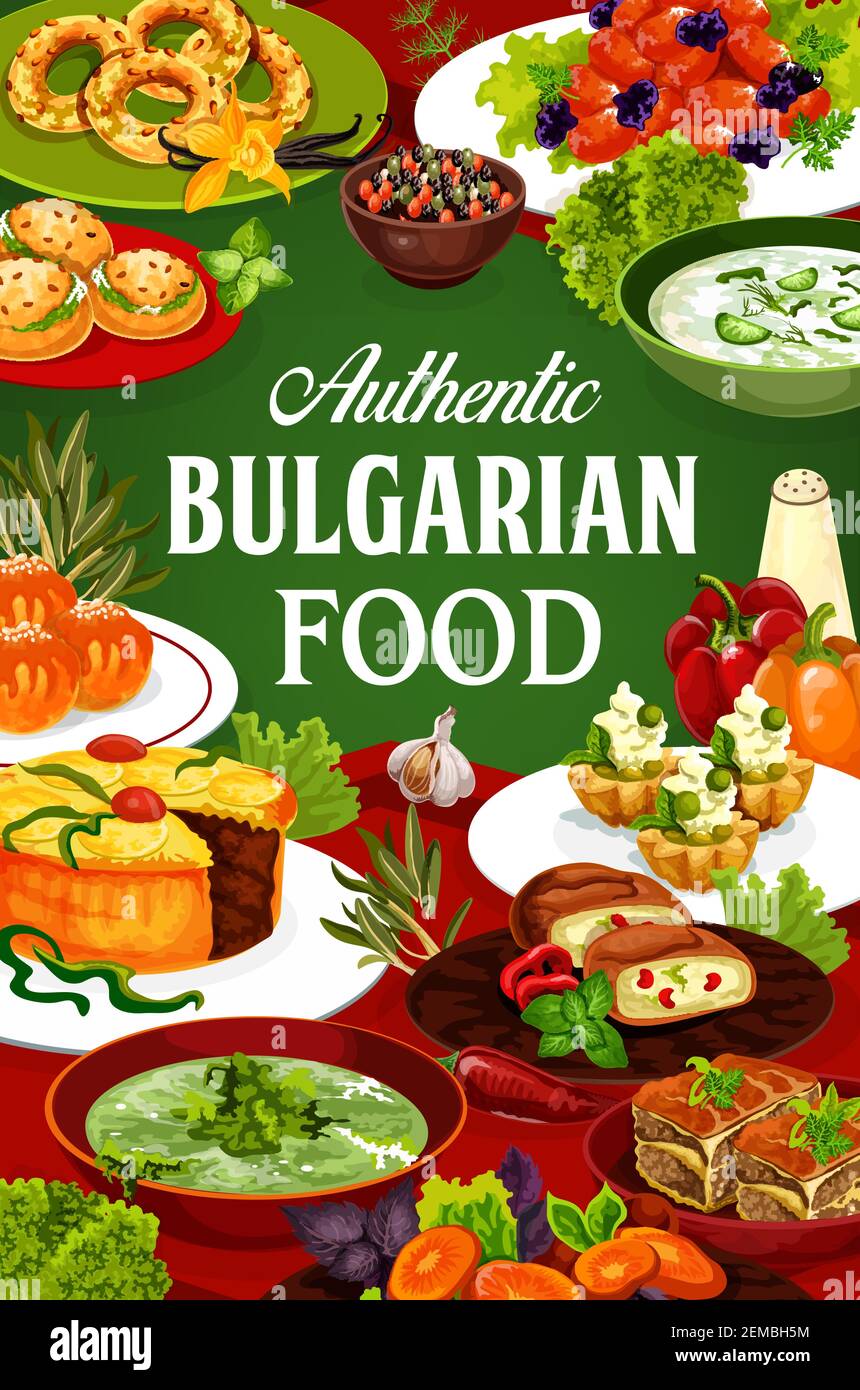 Bulgarian cuisine food, vector dishes of meat and vegetables. Yogurt cucumber and spinach soups, bryndza cheese stuffed peppers and buns, beef pies, p Stock Vector